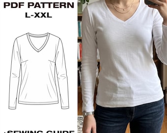 Women’s Long Sleeve T-Shirt PDF Pattern | V-Neck Knit Top | Basic Layering Tee Sewing Pattern | L–XXL | A4, US Letter, Copyshop