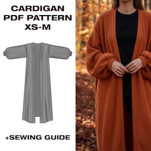 Könnte beinhalten: Ein langer, orangebrauner Cardigan mit langen Ärmeln. Das Bild zeigt auch eine graue Illustration eines Cardigan-Schnittmusters mit dem Text "CARDIGAN PDF PATTERN XS-M" und "+SEWING GUIDE".