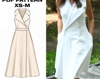 Sleeveless Wrap Dress PDF Sewing Pattern | Shawl Collar Dress with Pockets | Wool Office Dress | Womens XS-M | Digital Download + Guide