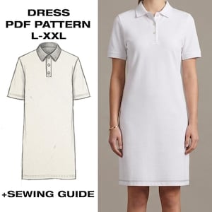 Molde para vestido camiseta com gola | Vestido casual de manga curta em PDF | Costura fácil de vestido reto | Básico de verão feminino | Tamanhos L-XXL