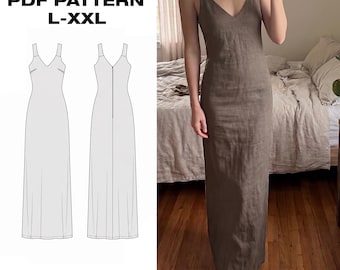 Slip Dress Sewing Pattern | Column Maxi Dress PDF | 90s Fitted Long Dress | Easy V-Neck Tank Dress | L-XXL