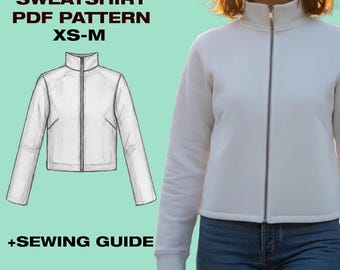Zip Up Jacket PDF Sewing Pattern | Stand Collar Sweatshirt Jacket | Cropped Knit Bomber for Women | XS-M | A4 A0 US Letter