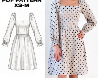 Square Neck Dress PDF Sewing Pattern | Puff Sleeve Milkmaid Dress | Cottagecore Mini Dress | Womens XS-M | Digital Download + Guide