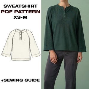 Op de afbeelding: Een donkergroene sweatshirt met een knoopsluiting en lange mouwen wordt getoond. De afbeelding bevat ook een lijntekening van de sweatshirt en de tekst "SWEATSHIRT PDF PATTERN XS-M + SEWING GUIDE."