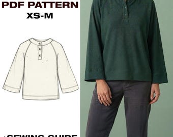 Sweatshirt Sewing Pattern PDF | Raglan Sleeve Pullover | Womens Button Front Top | Sewing Pattern XS-M | Digital Download