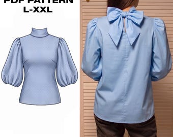 Plus Size Bow Back Blouse PDF Sewing Pattern | High Neck Puff Sleeve Top | Curvy Victorian Blouse | Women L-XXL | Digital Download + Guide