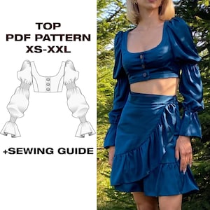 Women top pattern | Gathered sleeves top | Puffed Sleeve top pattern | Top sewing pattern | Shirt sewing pattern | A0, USletter, A4 | XS-XXL