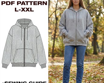 Hoodie PDF Sewing Pattern | Beginner Friendly | Sizes L‑XXL | Illustrated Instruction | Women Hoodie Template | A4, USLetter, Plotter