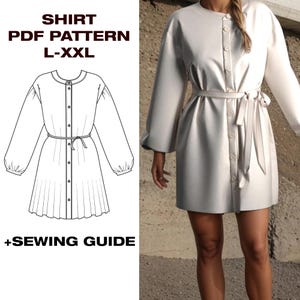 Patrón de vestido camisero de manga abullonada para mujer / Patrón de camisa con lazo / Patrón de camisa larga / Patrón de camisa de verano / EE. UU. 8-12 / A4, Carta, Plotter