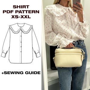 Camisa con volantes / Camisa con cuello / Camisa de manga larga / Patrón de camisa de verano / Patrón de camisa para principiantes / US 2-12 / A4, Carta, Plotter