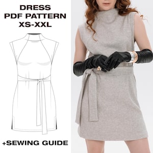 May include: A sleeveless, light gray dress with a high neckline and a matching belt tied at the waist. The dress is shown on a person wearing black gloves and jewelry. The image also includes a line drawing of the dress and the text "DRESS PDF PATTERN XS-XXL + SEWING GUIDE."