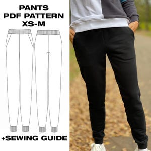 May include: A digital sewing pattern for pants in sizes XS-M, featuring a technical line drawing of joggers with an elastic waistband and cuffs, alongside a photograph of black sweatpants with side pockets and a white and grey color-blocked top.