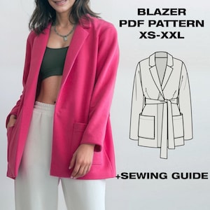 Patrón de costura de blazer de gran tamaño / Patrón de blazer fácil / Traje de mujer / Blazer para verano / Blazer sin forro / US6-16 / A4, Carta, Plotter
