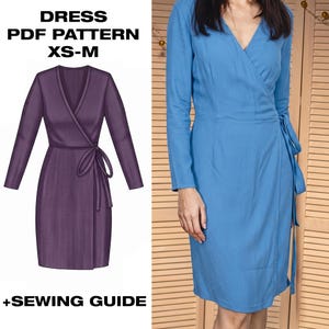 Pode incluir: Um vestido transpassado azul de manga comprida com decote em V e laço lateral. A imagem inclui uma ilustração digital do mesmo vestido em roxo e o texto DRESS PDF PATTERN XS-M +SEWING GUIDE, mostrando os detalhes do design.