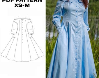 Emilia schulterfreies Kleid (PDF-Schnittmuster) | Midikleid mit Knopfleiste und Bertha-Kragen | Ausgestellter Rock mit Taschen | Größen XS-M | Digitaler Download