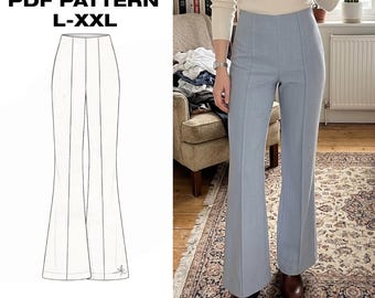 Plus Size Pants Pattern PDF | High Waisted Flare Trousers | Curvy Bell Bottoms Sewing | Front Seam Pants L-XXL