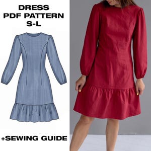 Può includere: Un cartamodello PDF per abito nelle taglie S-L con guida alla cucitura, che presenta uno schizzo tecnico blu di un vestito a maniche lunghe con scollo rotondo e orlo a balze, accanto a una foto dello stesso abito in colore rosso scuro.