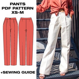 May include: A digital sewing pattern for pants in sizes XS-M, featuring a technical illustration of coral-colored trousers with a front button closure and a photograph of off-white, high-waisted, wide-leg trousers with front pleats and side pockets.