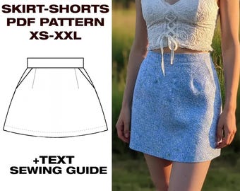Patrón de costura para minifalda y shorts de verano / Patrón de falda de corte A / Patrón de falda con shorts / Shorts de verano / Tallas US 6-16 / A4, Carta, Plotter