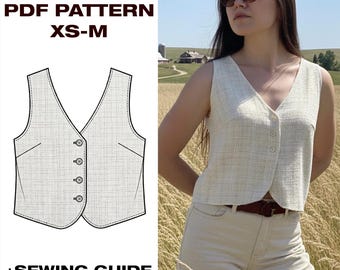 Beginner Friendly Women’s Vest Sewing Pattern PDF – Easy Summer Waistcoat with Button Closure, XS-M | Plotter, USletter, A4