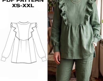 Ruffle Blouse PDF Sewing Pattern XS-XXL | High Neck Bishop Sleeve Top | Cottagecore Peplum Blouse | Size Inclusive Digital Download
