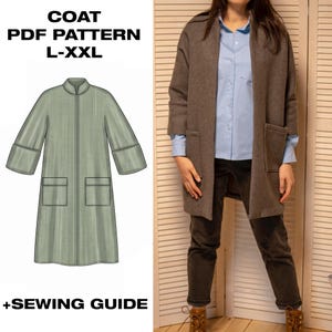 Plus Size Oversized Kappa PDF Symönster | Ullkappa med skärp och stående krage | Kurvig ofodrad kokongkappa | Dam L-XXL | Digital nedladdning