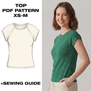 May include: A green short-sleeved top and a cream-colored top pattern. The green top is worn by a person. The cream-colored top pattern is a line drawing. Text on the image reads: TOP PDF PATTERN XS-M +SEWING GUIDE.