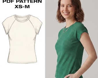 Raglan Tee Pattern PDF | Ribbed Knit Top Sewing | Short Cap Sleeve Shirt | Womens Fitted Basic Tee | XS-M