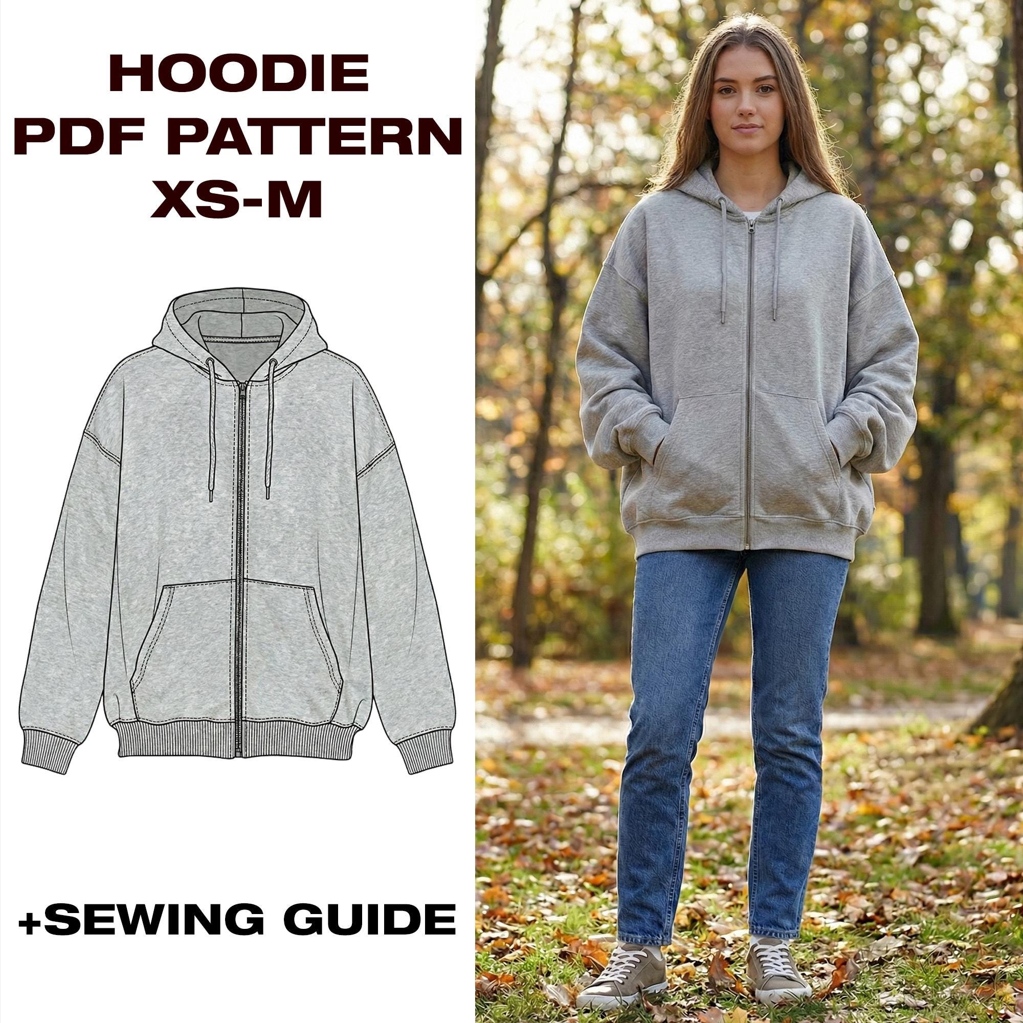 パーカー PDF 縫製パターン | 初心者向け | サイズ XS-M | イラスト