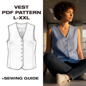 May include: A light blue vest with a V-neck and button closure, worn by a person. The image also shows a sketch of a white vest with a button closure. Text on the image reads "VEST PDF PATTERN L-XXL +SEWING GUIDE".