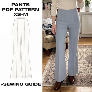 Könnte beinhalten: Hellblaue Schlaghose mit hoher Taille und vertikalen Nähten. Das Bild zeigt auch eine Strichzeichnung der Hose und den Text "PANTS PDF PATTERN XS-M +SEWING GUIDE".