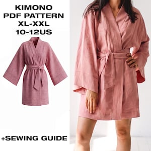 May include: A dusty pink kimono robe with wide sleeves and a matching waist tie. The text KIMONO PDF PATTERN XL-XXL 10-12US +SEWING GUIDE is visible. The garment features a V-neckline and a wrap-around design that reaches above the knees.