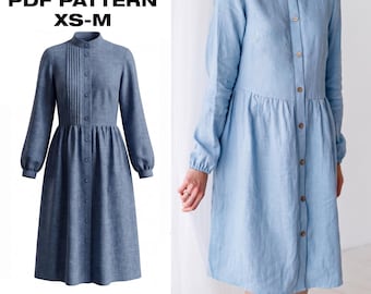 Bianca Linen Dress PDF Sewing Pattern | Button Front Midi Dress with Gathered Skirt | Stand Collar Cottagecore | XS-M | Digital Download