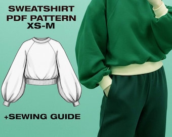 Cropped Sweatshirt PDF Sewing Pattern | Balloon Sleeve Raglan Crop Top | Oversized Pullover for Women | XS-M | A4 A0 US Letter