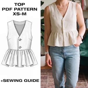 Patroon voor peplumvest (PDF) | Vest met V-hals en knoopjes | Getailleerd mouwloos topje | Linnen blouse voor dames | Maat XS-M