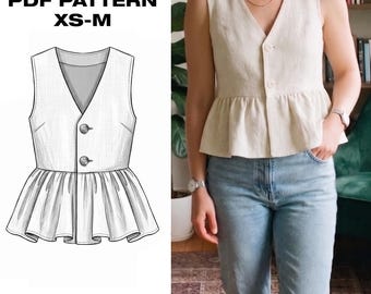 Patrón PDF de chaleco peplum / Chaleco con cuello en V y botones / Top sin mangas entallado / Blusa de lino para mujer / Tallas XS-M