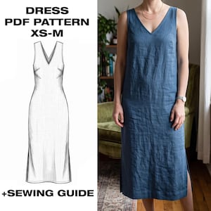 Linen Midi Dress Pattern PDF | V-Neck Shift Dress | Sleeveless Column Dress | Straight Summer Slit Dress | XS-M