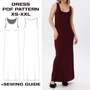 Patrón de costura para vestido largo de verano / Vestido recto con volumen / Vestido de invitada de boda / Patrón de vestido sin mangas / XS-XXL / A4, Carta, Plotter