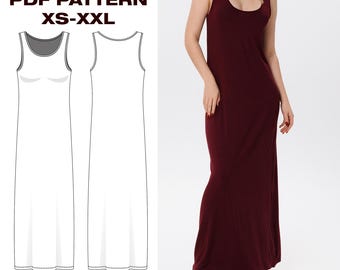 Molde de costura para vestido longo de verão: design reto e volumoso sem mangas (molde em PDF, tamanhos XS-XXL, A4/Carta/Plotter)