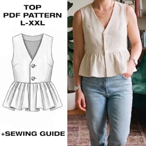 Patrón de costura para chaleco de lino / Top peplum sin mangas en PDF / Camisa de verano con botones / Chaleco moderno / Tallas L-XXL