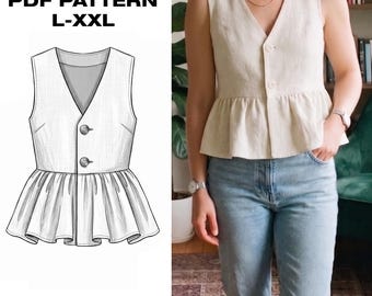 Linen Vest Sewing Pattern | Sleeveless Peplum Top PDF | Summer Button Up Shirt | Trendy Waistcoat | L-XXL