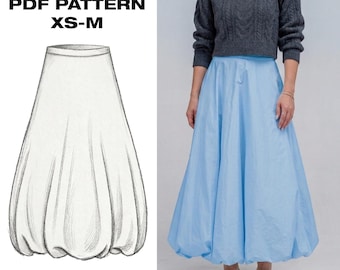 Bubble Skirt Sewing Pattern | Balloon Hem Maxi Skirt PDF | Trendy Gathered Bottom Skirt | Womens Pattern XS-M