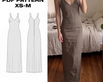 Linen Maxi Dress Pattern PDF | V-Neck Summer Dress | Sleeveless Long Slip Dress | Minimalist Boho Sewing | XS-M