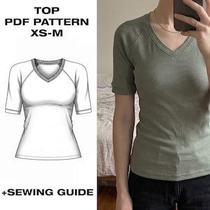 May include: A green V-neck top with short sleeves. The image also shows a line drawing of a white top with a V-neck and short sleeves. Text on the image reads "TOP PDF PATTERN XS-M +SEWING GUIDE".