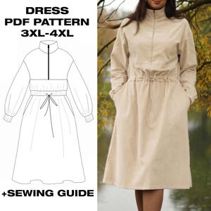 Könnte beinhalten: Ein beiges Midikleid mit Stehkragen, halbem Reißverschluss, langen Ärmeln mit Bündchen und einer Taille mit Kordelzug. Das Bild enthält eine technische Strichzeichnung und den Text DRESS PDF PATTERN 3XL-4XL +SEWING GUIDE.