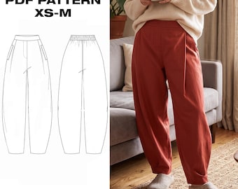 Barrel Leg Pants Pattern PDF | Balloon Trousers Sewing | High Waisted Pleated Pants | Tapered Womens Bottoms | XS-M