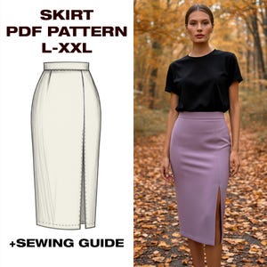 Mönster för hög midjad kjol / Pennkjol / Damkjol med slits / Mönster för klassisk kontorskjol | L-XXL|A4, USLetter, Plotter