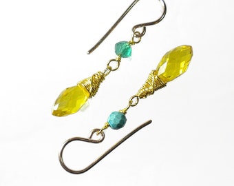 Yellow Crystal Earrings, Simple Dainty Wire Wrapped Earrings, Green Onyx Turquoise Ruby or Lapis Earrings, Gold Filled