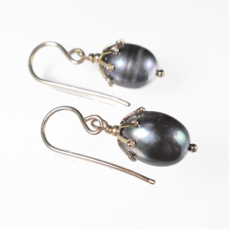 Genuine Black Pearl Earrings Gold, Real Pearl Drop Earrings, Pearl Dangle Earrings, Peacock Pearl Earrings, Gift For Her image 6