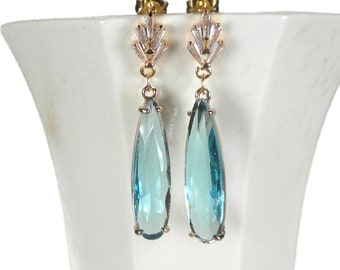 Art Deco Earrings, Long Aquamarine Gemstone Dangle Earrings, Blue Earrings, Stud Post Push Back Earrings, Crystal Drop Earrings Gold